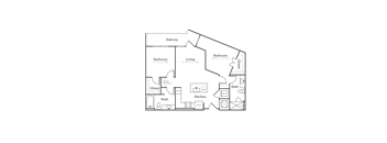 A floor plan of a home with two bedrooms, a living room, a mudroom, a kitchen, and a balcony.